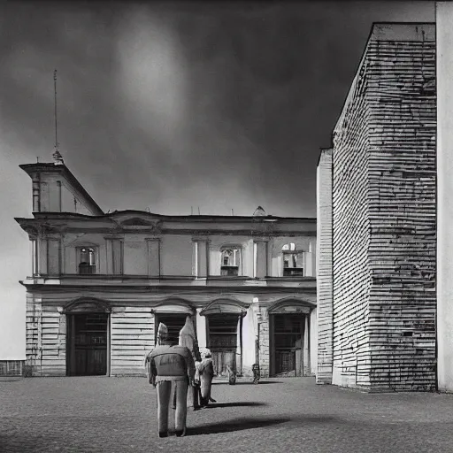 Image similar to The body art depicts a police station in the Lithuanian city of Vilnius. In the foreground, a group of policemen are standing in front of the building, while in the background a busy street can be seen. solarised by Zdzislaw Beksinski, by Fang Lijun