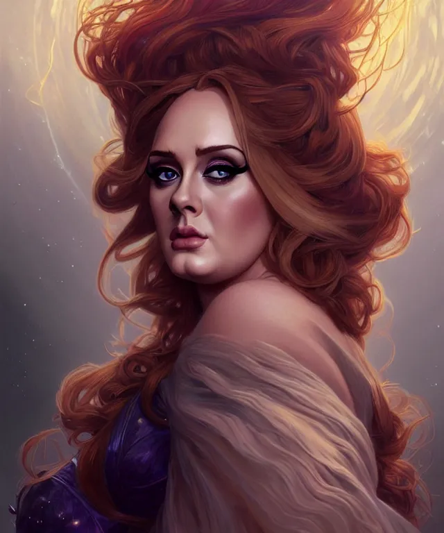 Image similar to Adele as a fantasy magic woman portrait, sci-fi, amber eyes, face, long hair, fantasy, intricate, elegant, highly detailed, digital painting, artstation, concept art, smooth, sharp focus, illustration, art by artgerm and greg rutkowski and alphonse mucha