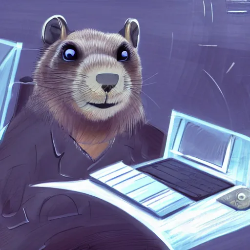 Prompt: concept art of A groundhog is working on a computer in anime style