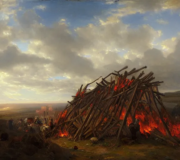 Image similar to landscape portrait of a funeral pyre by william sidney mount, trending on artstation