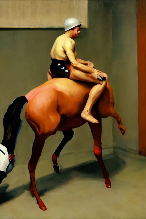 Prompt: fetish game dominantrius dressed as a horse sits on the back of a man dressed as an astronaut, highly detailed painting by francis bacon, edward hopper, adrian ghenie, gerhard richter, and james jean soft light 4 k,