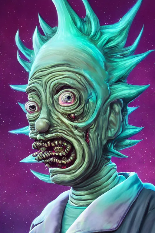 Image similar to rick and morty fused with a lovecraft fat space zombie wearing a exploding wig, photo, portrait, 3d, high details, intricate details, by vincent di fate, artgerm julie bell beeple, 90s, Smooth gradients, octane render, 8k, volumetric lightning, High contrast, duo tone, depth of field, very coherent symmetrical artwork