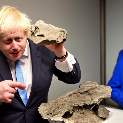 Prompt: boris johnson stealing fossils from a museum