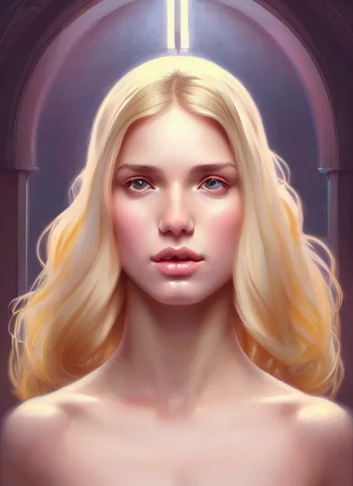 Image similar to perfectly feminine face!! full body portrait of young wife blessed by god with ever - increasing physical mental perfection, blonde, symmetrical! intricate, sensual features, highly detailed, biblical divine holy perfection!! digital painting, artstation, concept art, smooth, sharp focus, illustration, art by artgerm and greg rutkowski and alphonse mucha