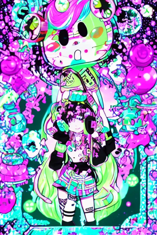 Image similar to cybergoth decora glitchcore yokai girl, sanrio ornaments, pastel cute cinematography