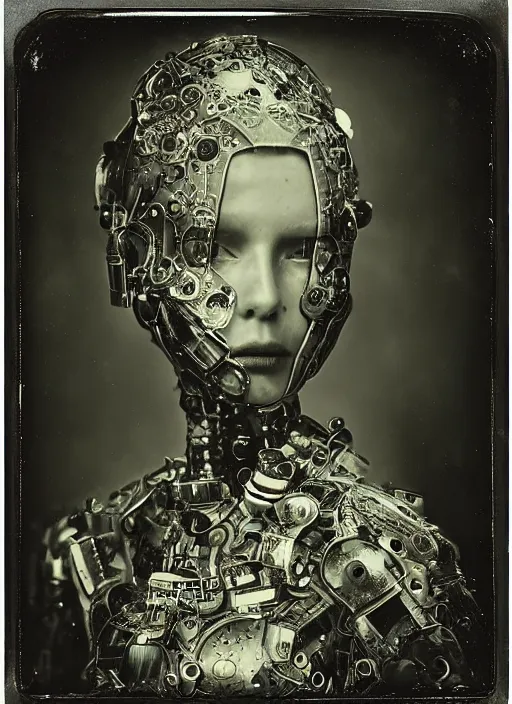 Prompt: old wetplate daguerreotype portrait of futuristic female robot in a deserted city, explosion of data fragments, fractal, intricate, elegant, highly detailed, parallax, leica, medium format, subsurface scattering, by jheronimus bosch and greg rutkowski and louis jacques mande daguerre