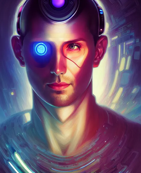 Image similar to a whirlwind inside the metaverse, guy, male, man, hologram, half body, neurochip, android, cyborg, cyberpunk face, by loish, d & d, fantasy, intricate, elegant, highly detailed, colorful, digital painting, artstation, concept art, art by artgerm and greg rutkowski and alphonse mucha