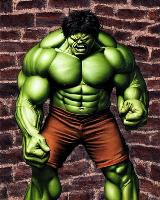 Image similar to a moody painting of the incredible hulk looking angry and breaking through a brick wall