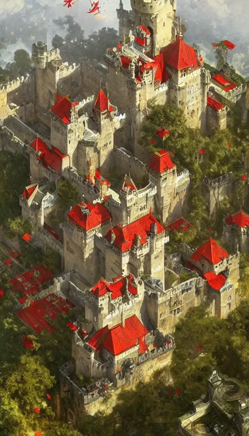 Image similar to castle seen from the sky being attacked by huge red army, cyberpunk, design on white background, beautiful details, lush foliage, drawn by john singer sargent, tom bagshaw, norman rockwell, alphonso mucha, lolish, trending on artstation