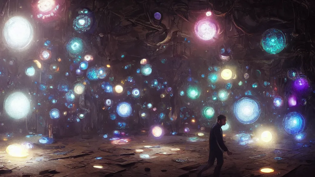 Image similar to swarm of glowing iridescent discs surrounding a man, by greg rutkowski