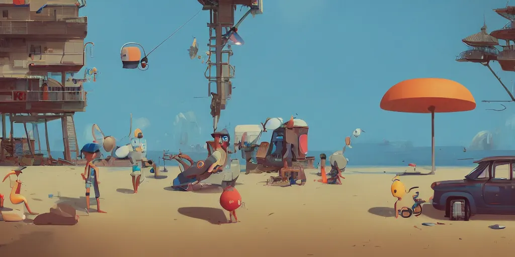 Image similar to beach vacation by Goro Fujita and Simon Stalenhag , 8k, trending on artstation, hyper detailed, cinematic