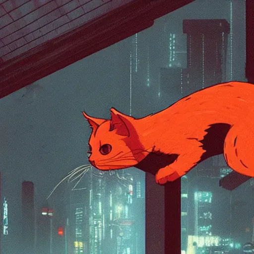 Prompt: a red cat sitting on steel beam high above the ground, cyberpunk, bladerunner, futuristic, studio ghibli, anime, smooth, trending on artstation