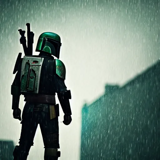 Image similar to boba fett standing on a building, fine details, heavy rain, 8 k, shallow depth of field, moody lighting, cinematic lighting,