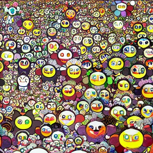 Image similar to A wide shot of a swarm of demons flying up from the depths of Hell in the style of Takashi Murakami