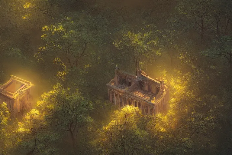 Prompt: aerial view of abandoned library in the forest, overgrown, volumetric light, golden hour, digital concept art, artstation, cgnation, photoshop, artwork by gerald brom + bruce pennington + keith parkinson + tom white