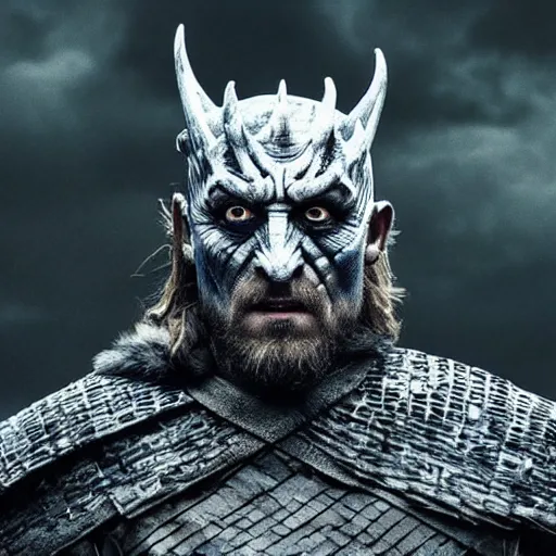 Image similar to profile photo of the night king in a dark viking hood playing odin all father from the thor movie, highly detailed, cinematic shot, cinematic lighting, 8 k, exquisit facial detail