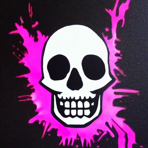 Prompt: a cartoon skull spray painted on a black background with dripping pink spray paint, pixel art, three fourths view, black background!!!!!