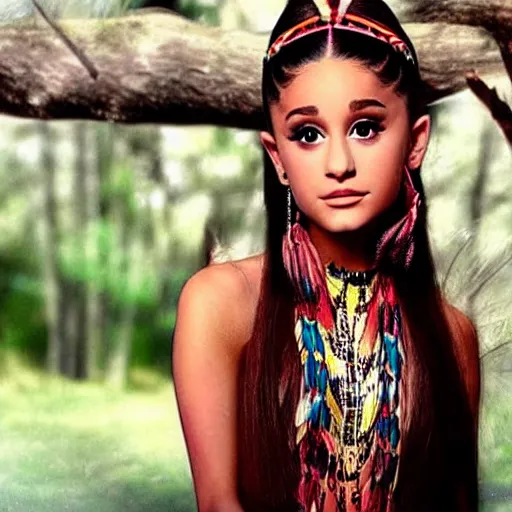 Image similar to ariana grande as a beautiful native american from 300 years ago, colour, photography, realistic,