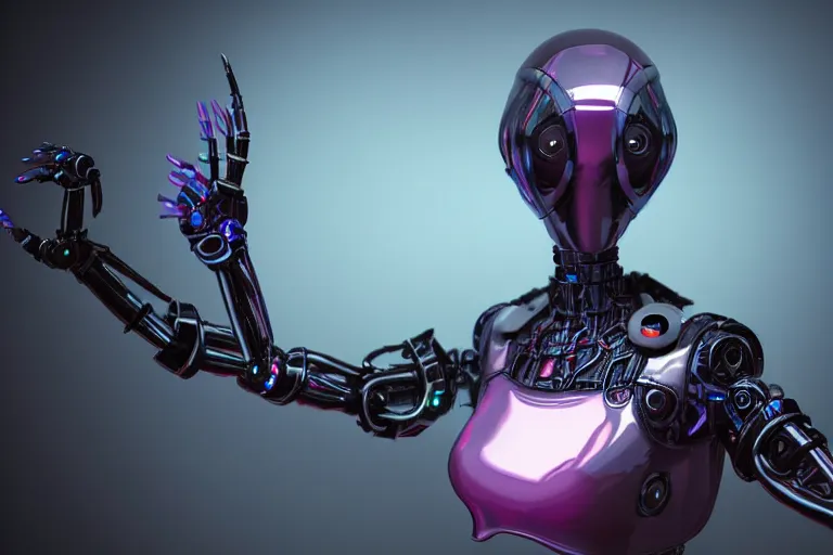 Image similar to cyberpunk alien concept inspired robot, futuristic look, highly detailed body, very powerful, photorealistic camera shot, bright studio setting, studio lighting, crisp quality and light reflections, unreal engine 5 quality render