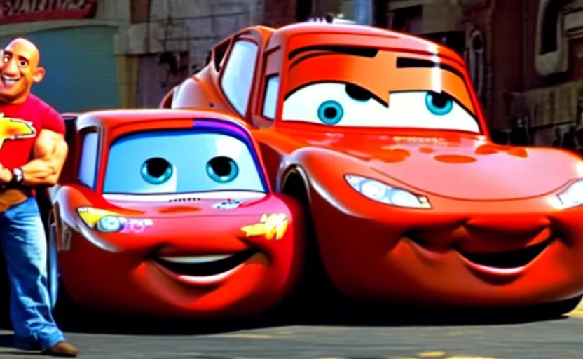 Image similar to vin diesel hugging lightning mcqueen from cars the movie,