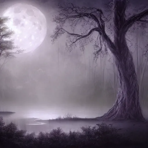 Prompt: highly realistic scenic painting of a towering misty dark fantasy forest surrounding a pond, a rusalka sits on the roots of an ancient tree looking up at the moon, spooky fog, scary forest, fantasy painting hd