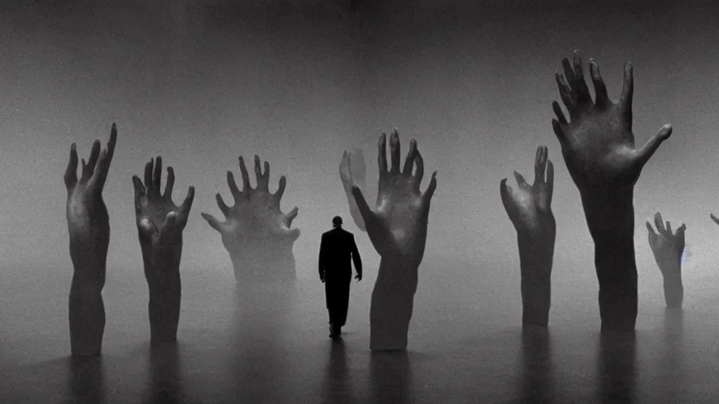 Image similar to the giant hands walks through the warehouse, film still from the movie directed by denis villeneuve and david cronenberg with art direction by zdzisław beksinski and dr. seuss