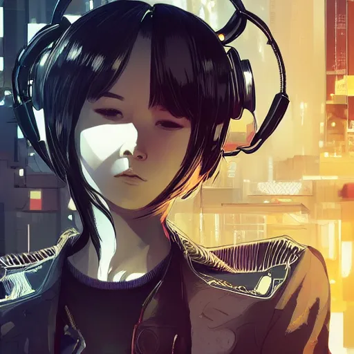 Image similar to Frequency indie album cover, luxury advertisement, golden filter, golden and black colors. A clean and detailed post-cyberpunk sci-fi close-up schoolgirl, she is very powerful, in asian city in style of cytus and deemo, mysterious vibes, by Tsutomu Nihei, by Ilya Kuvshinov, by Greg Tocchini, nier:automata, Yorda from Ico and Lain Iwakura, set in half-life 2, beautiful with eerie vibes, very inspirational, very stylish, with gradients, surrealistic, dystopia, postapocalyptic vibes, depth of field, mist, rich cinematic atmosphere, perfect digital art, mystical journey in strange world, beautiful dramatic dark moody tones and studio lighting, shadows, bastion game, arthouse