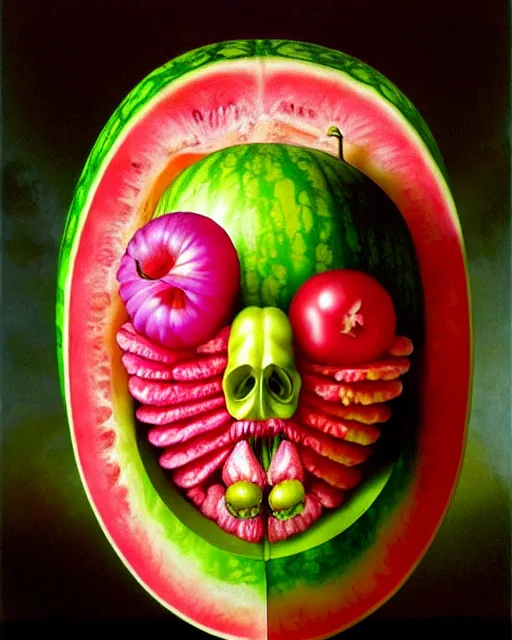 Image similar to interdimensional human watermelon face being made out of fruits, ethereal still life renaissance painting by giuseppe arcimboldo and alex grey