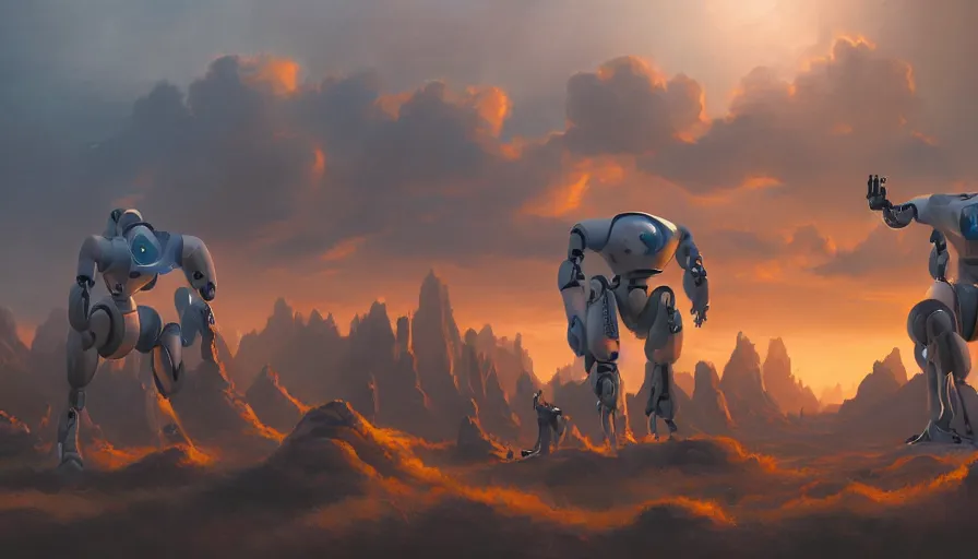 Prompt: robots! painting landscapes on canvases, cinematic lighting, 4 k