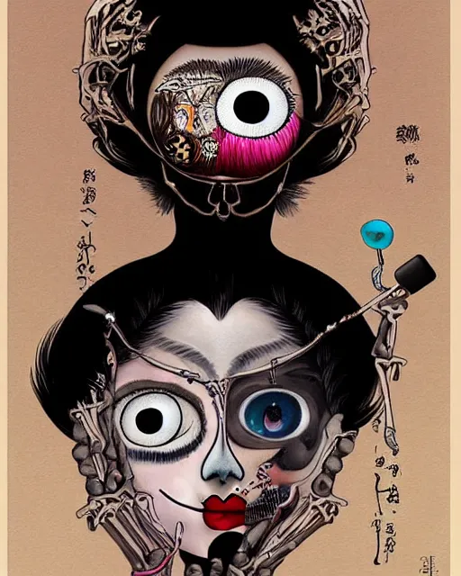 Prompt: a surrealistic head and shoulder painting of a gorgeous female skeleton with cat eyeballs and lipstick and hoodie, in the style of tsuguharu foujita, digital art, detailed masterpiece