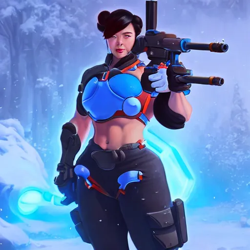 Image similar to a screenshot of arnold schwarzenegger as mei shooting frost gun in overwatch, portrait, fantasy, beautiful face, vivid colors, elegant, concept art, sharp focus, digital art, hyper - realistic, 4 k, unreal engine, highly detailed, hd, dramatic lighting by brom, trending on artstation