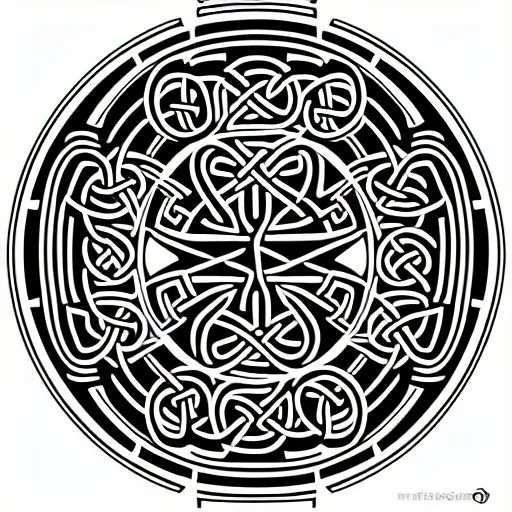 Image similar to a circular vector tattoo design in an art deco style, and in a celtic knot style.