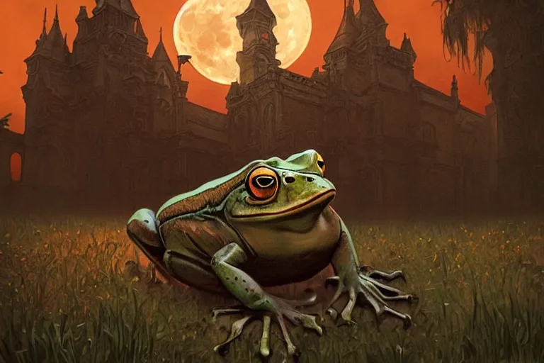 Prompt: an ultra detailed animation of a halloween bullfrog in a graveyard at midnight, digital art, dark fantasy, concept art, soulslike, by alphonse mucha, blood moon eclipse, ruined building in the background, artstation, 8 k, unreal engine render