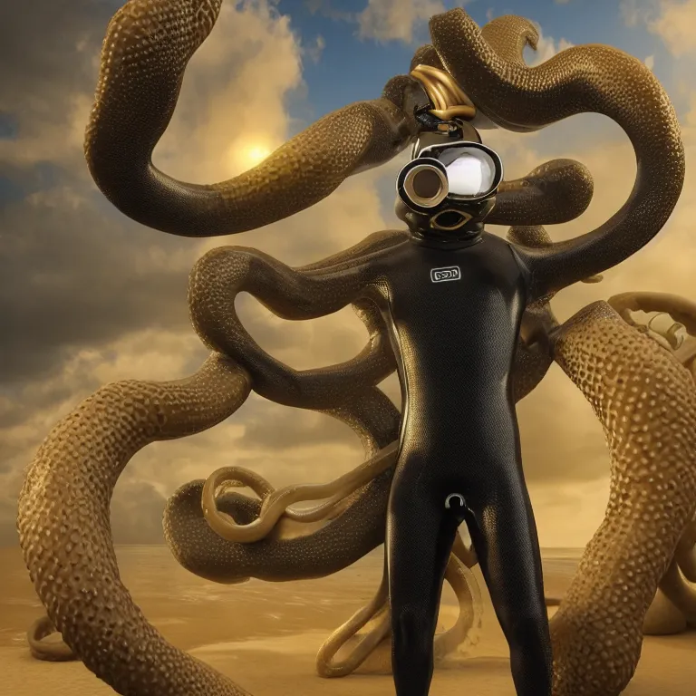 Image similar to octane render portrait by wayne barlow and carlo crivelli and glenn fabry, subject is a man in a wet suit with goggles with giant long golden octopus tentacles coming out of their mouth, cinema 4 d, ray traced lighting, very short depth of field, bokeh