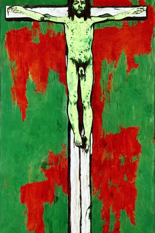 Image similar to green background with bloody christ crucified painted by cy twombly and andy warhol