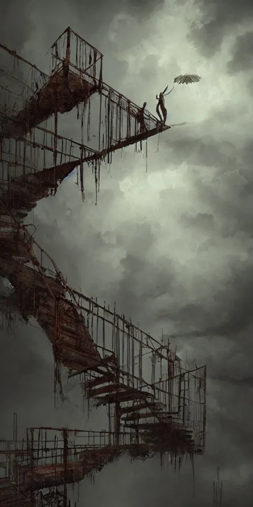 Prompt: a rusty old and wire upside - down edgy giant staircase to heaven, building construction, storm, misty background, in the game pathologic 2, highly detailed, sharp focus, matte painting, by rhads, artgerm, isaac levitan and asher brown durand,