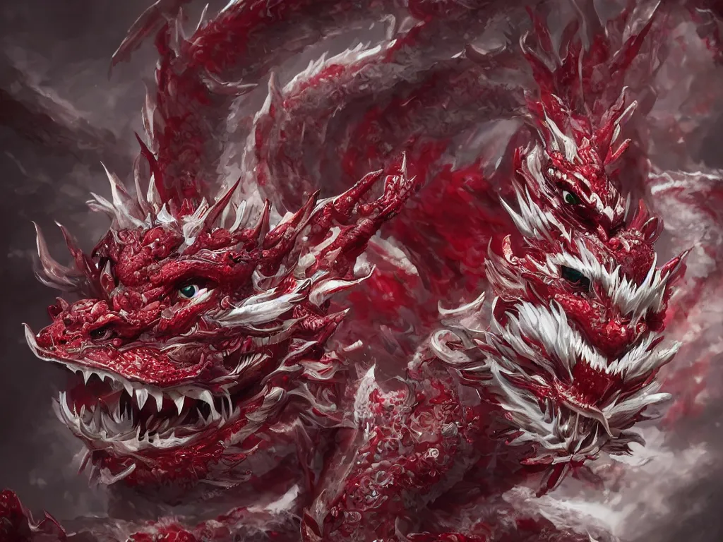 Prompt: cute baby chinese dragon, crimson and white colored dragon, insane details, emerald eyes, sharp focus, beautiful creature, cinematic rendering, artstation, 4 k, 8 k