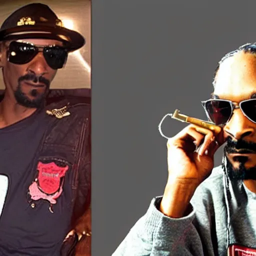 Image similar to Snoop Dogg smokes a joint, smoky red eyes, sits in a police car