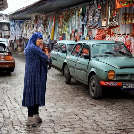 Dagestan woman in a street market looking at vaz 2106, | Stable ...