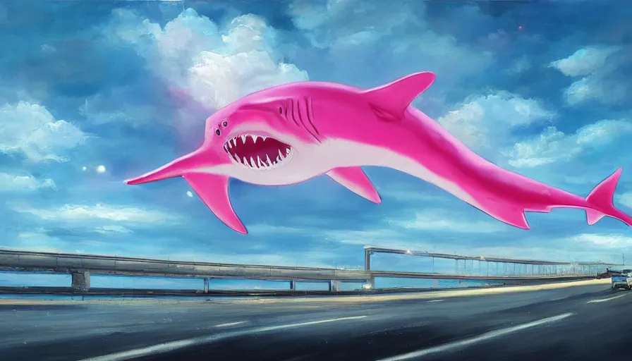 Image similar to an oil painting of a giant pink shark falling out of a blue sky onto cars on a busy bridge, artstation, cinematic lighting