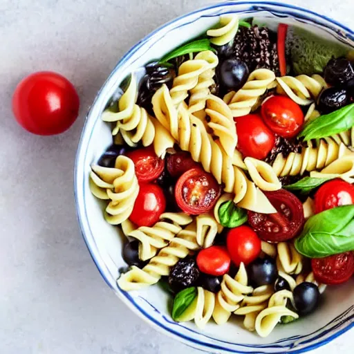 Prompt: a bunch of random food in a bowl to make some kind of pasta salad