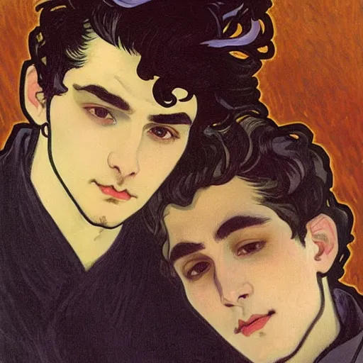 Image similar to painting of young cute handsome beautiful dark medium wavy hair man in his 2 0 s named shadow taehyung and cute handsome beautiful min - jun together at the halloween! party, bubbling cauldron!, candles!, smoke, autumn! colors, elegant, wearing suits!, delicate facial features, art by alphonse mucha, vincent van gogh, egon schiele