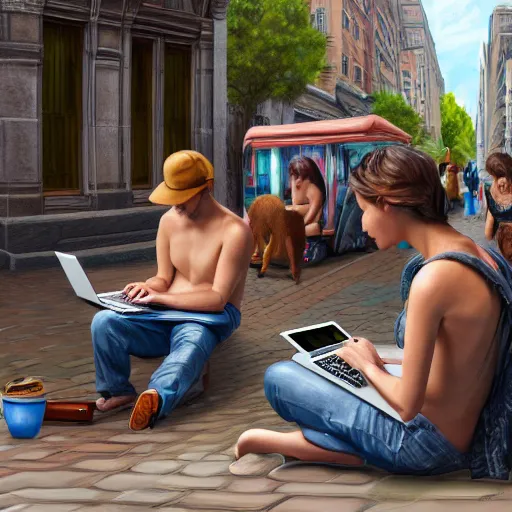 Image similar to a group of realistic bums using laptops near on street, highly detailed, intricate, sharp focus, digital art, 8 k