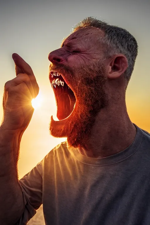 Prompt: a photograph of a man unhinging his jaw to eat the sun, 4 k image, golden hour, sigma lens, sourced by nasa, drone photograph, real, scary