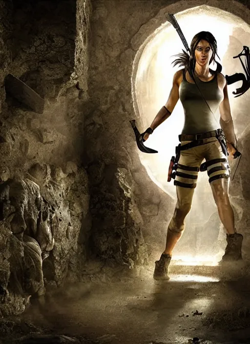 Image similar to Lara Croft raiding a Tomb, intricate details, cinematic photo