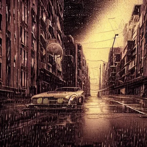 Prompt: night vision street moebius sci fi abandoned cityscape ; rain, mist, cloud, moonbeams light