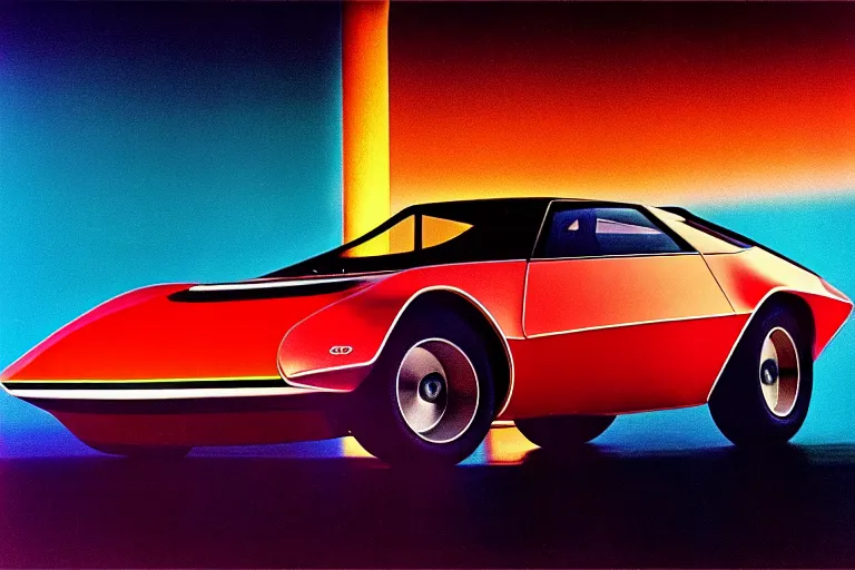 Image similar to designed by giorgetto giugiaro stylized poster of a single 1 9 6 9 amc amx / 3 citroen ds bmw m 1 concept, thick neon lights, ektachrome photograph, volumetric lighting, f 8 aperture, cinematic eastman 5 3 8 4 film