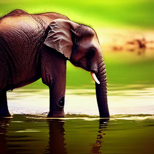 Prompt: baby elephant drinking from a pond, children's book style, colourful, painterly, high quality, very very beautiful, professional