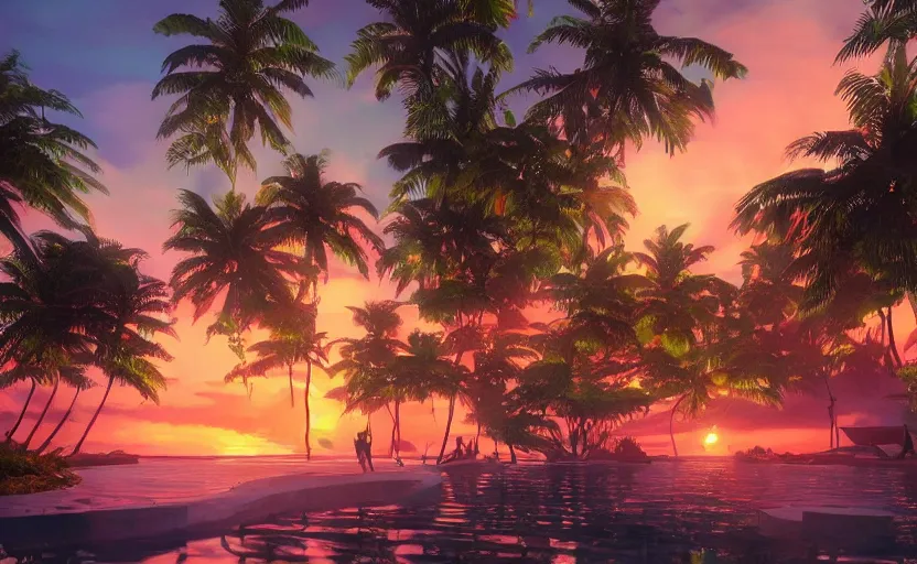 Image similar to a tropical resort in a jungle paradise, with a beautiful red and blue sunset, dynamic lighting, photorealistic fantasy concept art, trending on art station, stunning visuals, creative, cinematic, ultra detailed, ray tracing, sun rays