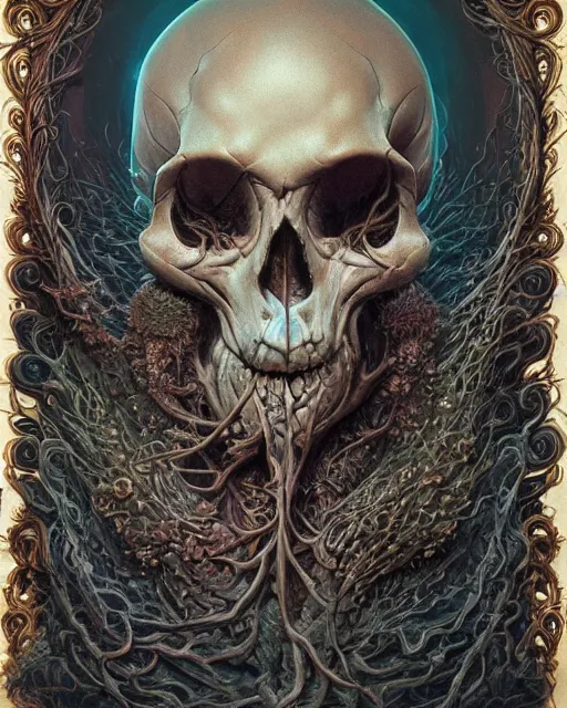 Prompt: a beautiful detailed front view of a dead rotten skull with ornate growing around, ornamentation, sculpture, elegant, beautifully soft lit, by wayne barlowe, peter mohrbacher, kelly mckernan